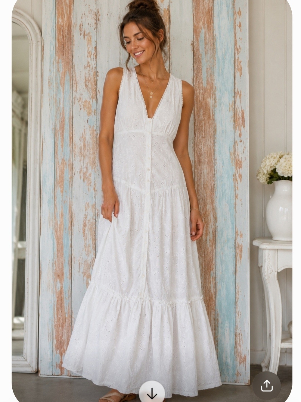 Urban Outfitters Anthropologie White V-Neck Sleeveless Button Ruffle Maxi Dress